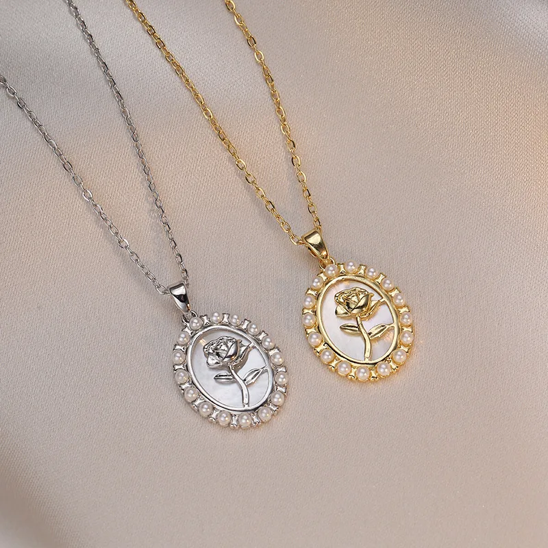 

Vintage rose pendant, titanium steel necklace for women