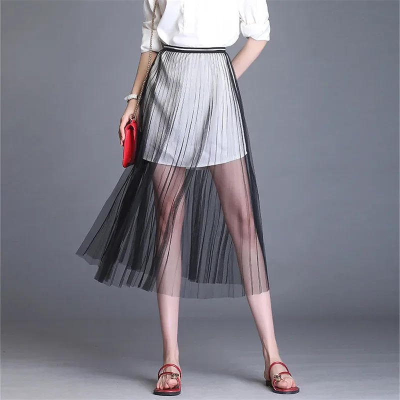 Women Sexy Mesh Lace Transparent Long Tulle Skirt Korean Fashion Summer Ladies Elastic High Waist Black White Beach Midi Skirt 4