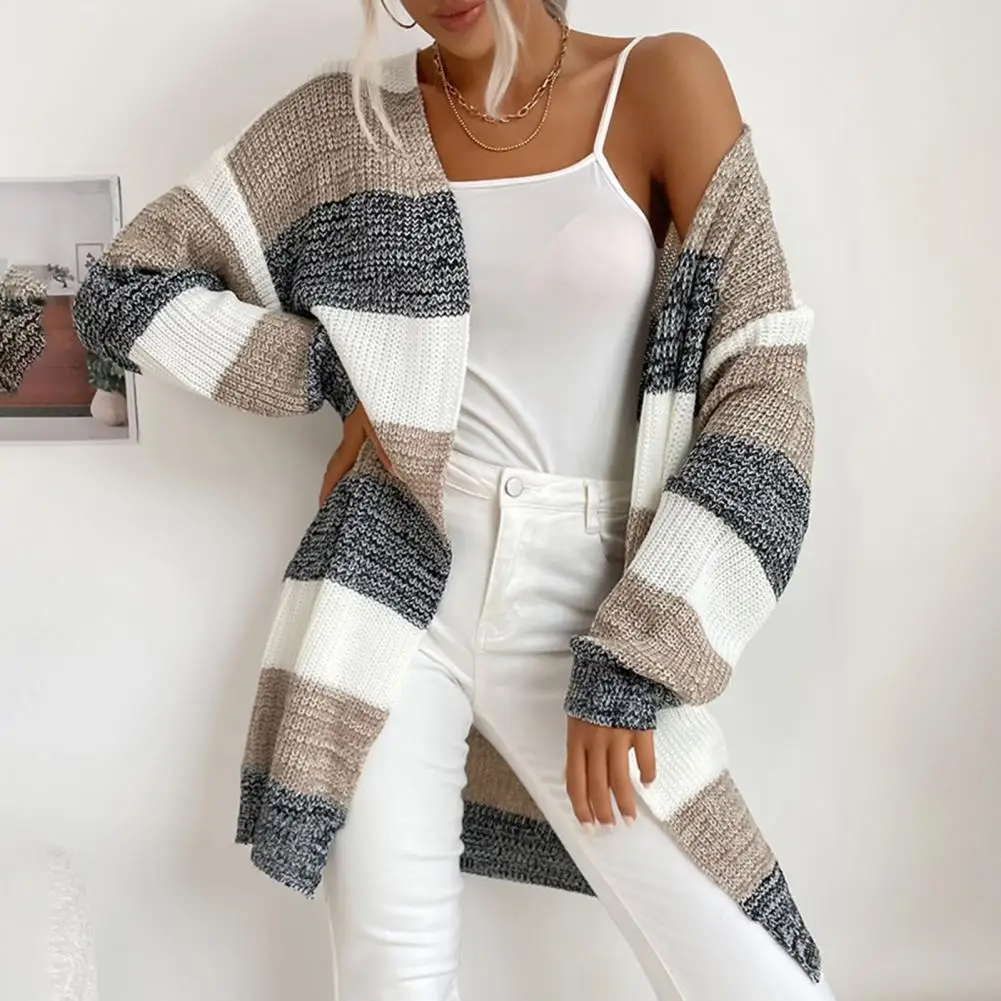 

Lightweight Polyester Jacket Colorblock Knitted Sweater Coat Warm Stylish Women's Fall/winter Outerwear With High Elasticity