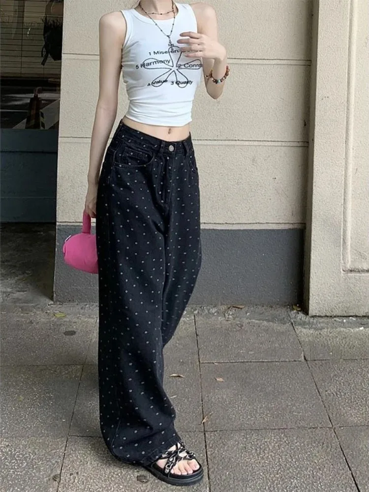 Black Y2k Straight Jeans Women High Waist White Floral Print Loose Wide Leg Denim Pants Korean Fashion Streetwear Trousers S-4XL