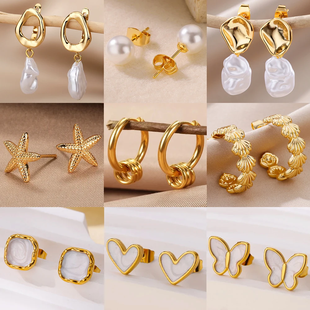 Stainless Steel Enamel White Heart Earring for Women Girls Minimalist Gold Color Stud Earrings Waterproof Vacation Jewelry Gifts