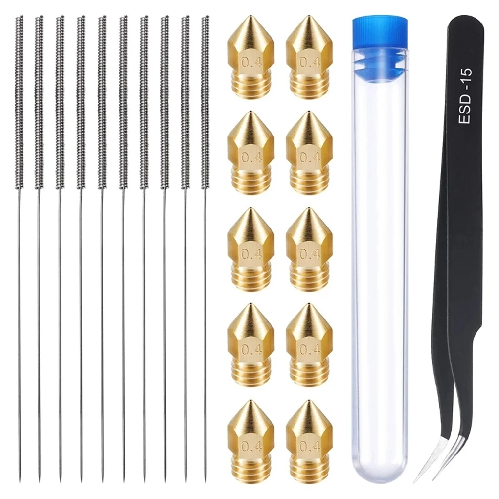 3D Printer 0.4mm MK8 Nozzle Brass Cleaning Needles Replaceable Part Kit Universal Printing Pipe Tweezers Tools Accessory