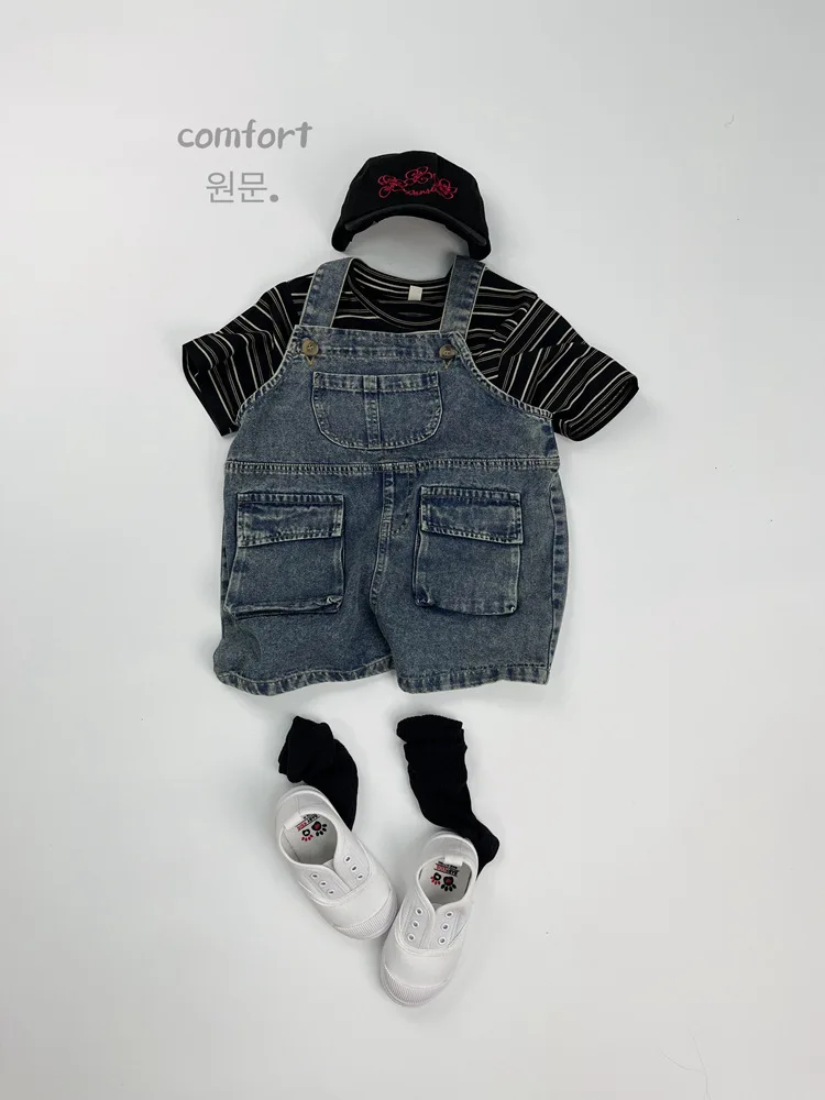 2025 Summer New Vintage Girls Overalls Kids Boys Pocket Denim Strap Pants Children Jeans Shorts Fashion Baby Clothes