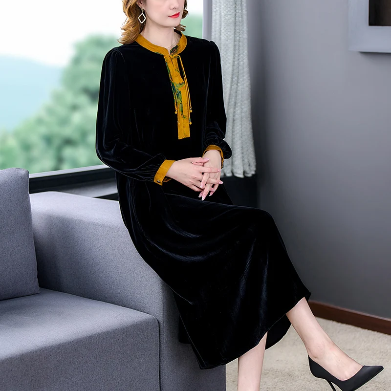 

Silk Long-Sleeved Wide Lady Black Dress Autumn And Winter New Gold Velvet Noble Western Style Loose Large Size Long Skirt