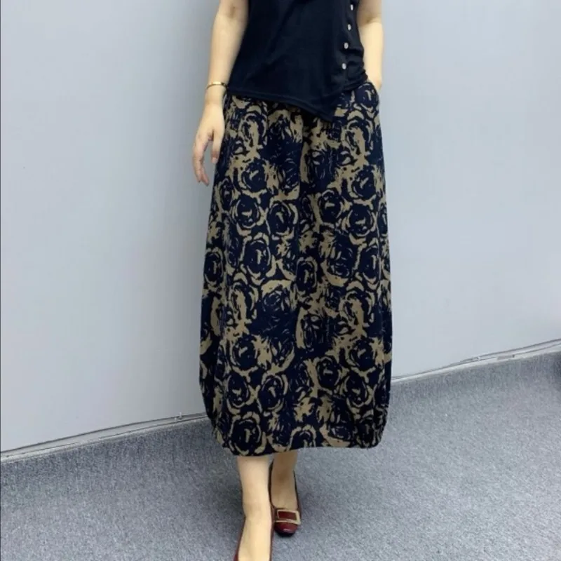 Women's Skirts Summer New Printed Knee-length Flower Bud Mid-length Loose Literary Vintage Design A-line Skirt for Women Casual