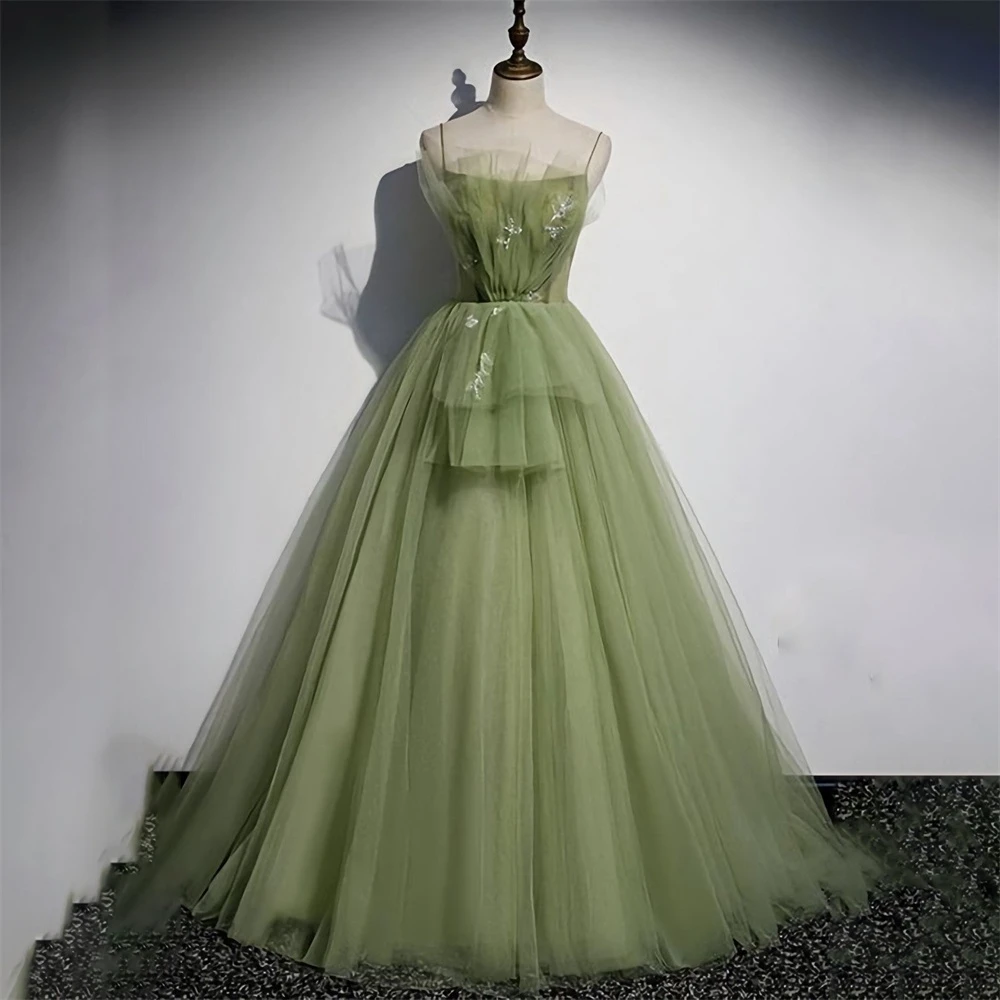 

Green Tulle A Line Evening Dresses Spaghetti Strap Charming Prom Dresses Appliques Pleat Party Dresses vestidos de noche