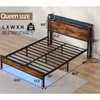 Bed Frame with Charging Station and LED Lights,Industrial Platform Beds Queen Size with Storage Headboard, Bed Frames 5