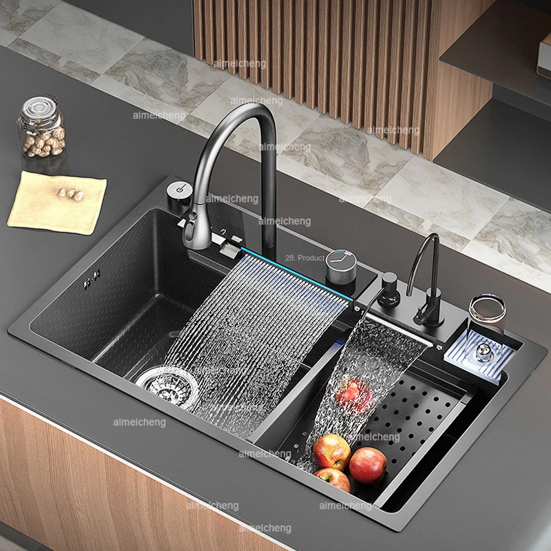 Waterfall Sink Kitchen Stainless Steel Large Single Slot Multifunctional Tank Apartment Wash Basin Drainage on the left 2