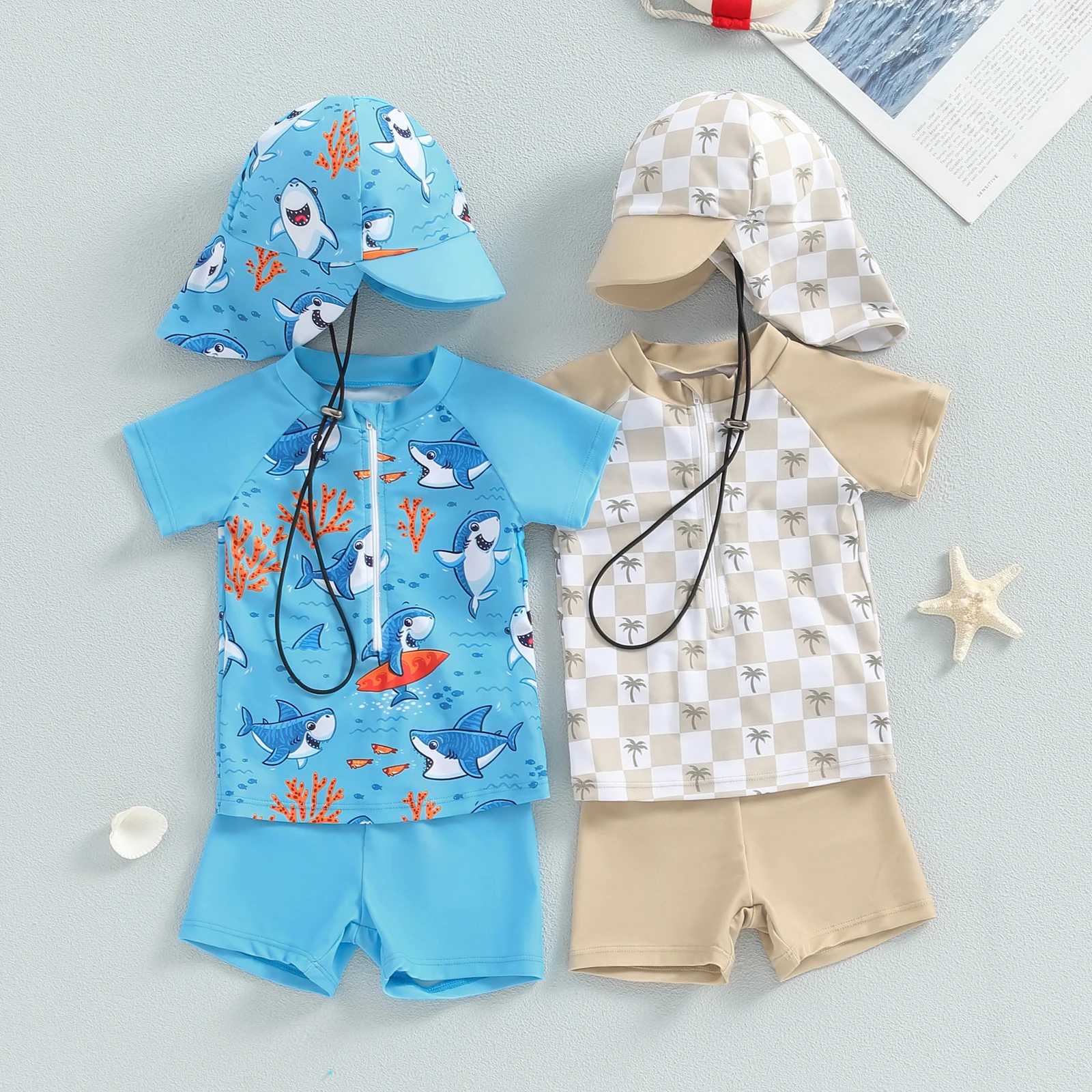 【Unbeatable SKU活动价s】 Toddler Baby Boys 3Pcs Swimsuits Rash Guard Beachwear Shark Print Long Sleeve Zip Up Tops+Swim Trunks with Cap Bathing Suit