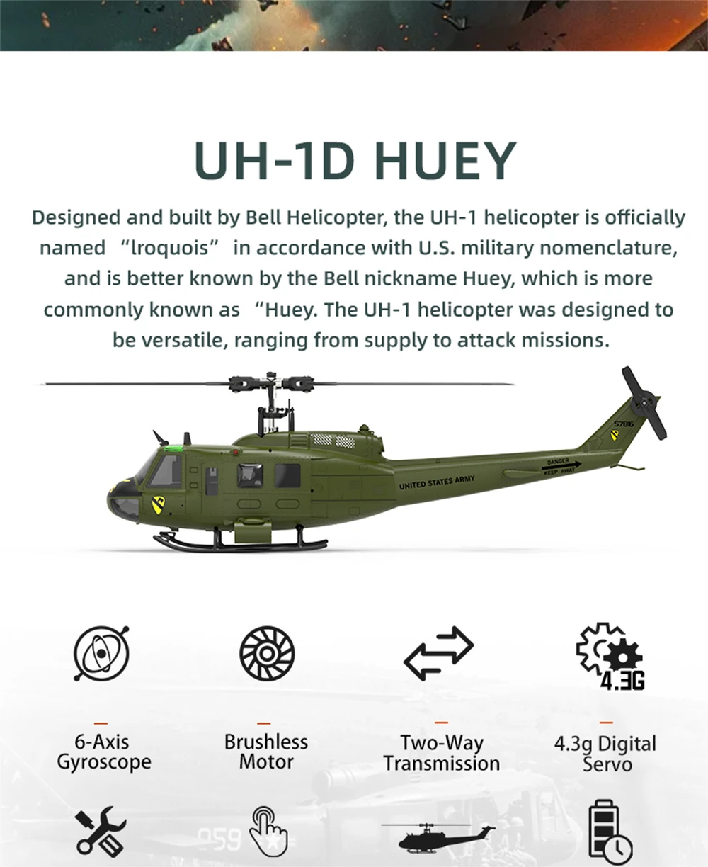 Eachine E190 1:34 UH-1 HUEY Scale 2.4G 6CH GPS Altitude Hold