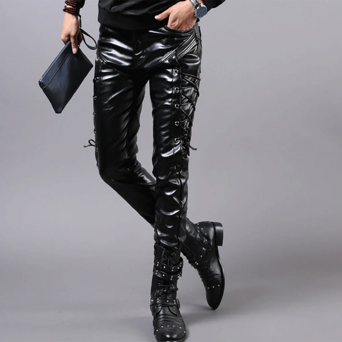 Mens Punk Fashion PU Leather Pants Personality Motorcycle Pencil Trousers Hip Hop Applique Black Leather Trousers Male