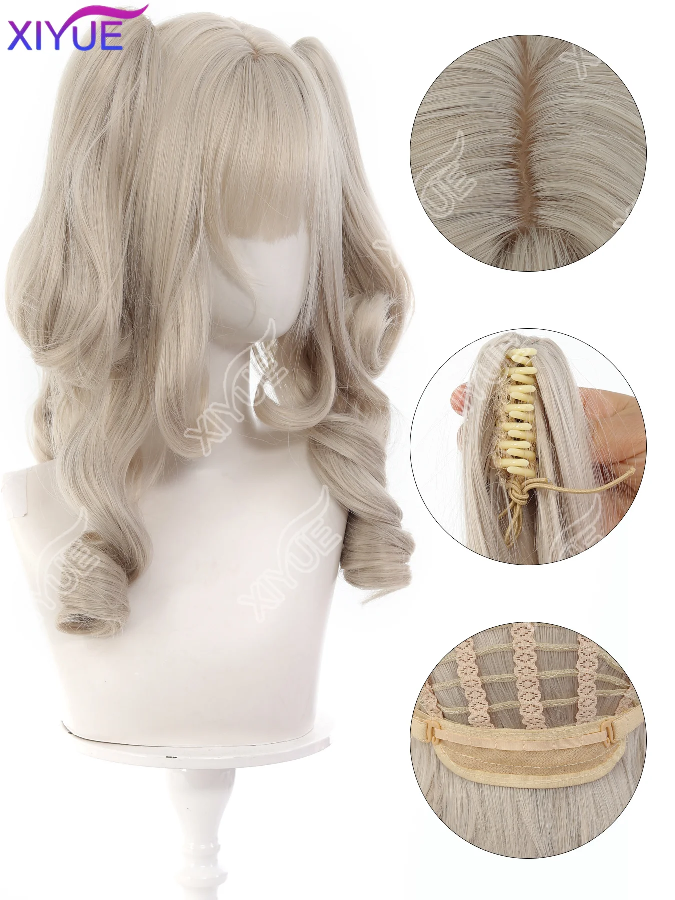 XIYUE Synthetic Long Curly Wavy Lolita Wig with Bangs Double ponytail Wig Girl Cute grey Cosplay Party Halloween Christmas Wig