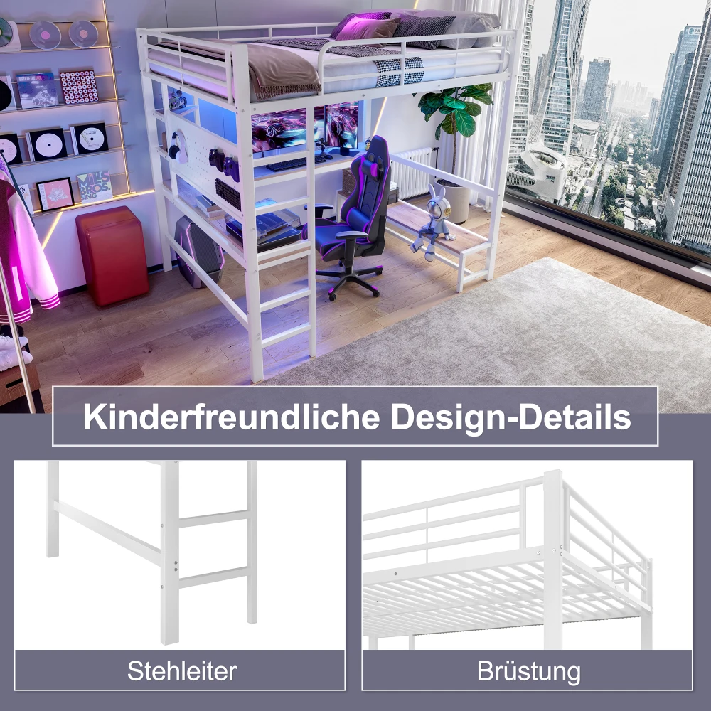 90 x 200 cm großes Hochbett, Eisenrahmen, Schreibtisch, Geländer, Rolltreppe, mit USB+Typ-C-Buchse und LED-Leiste, mit perforiertem Brett, ohne Matratze – Detail 28