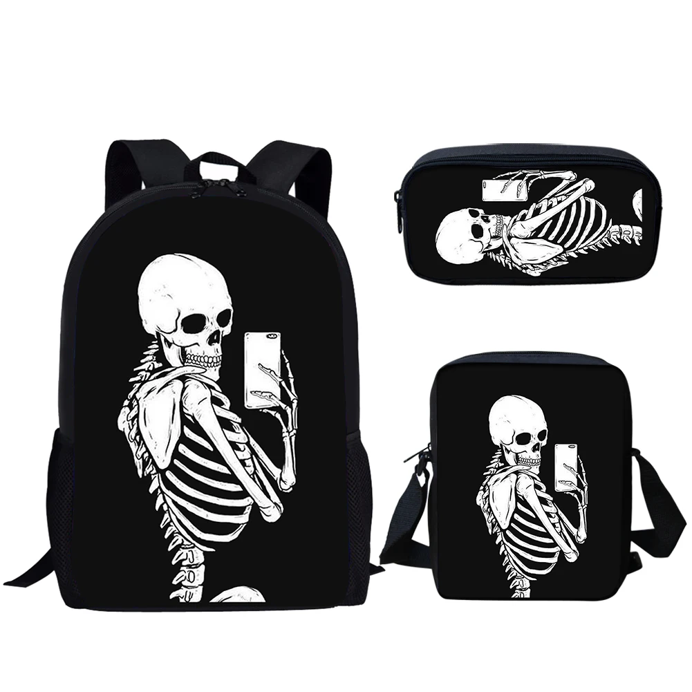 Gothic Skull Print 3 Stück Schult asche Set für Teen Jungen Mädchen Rucksack Student Campus Aufbewahrung sbuch Tasche mit Lunch Bag Bleistift Tasche