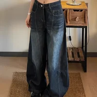 American High Street Retro Washed Knife Edge Jeans Women Spicy Design Wide Leg Casual Slimming Dragging Pants