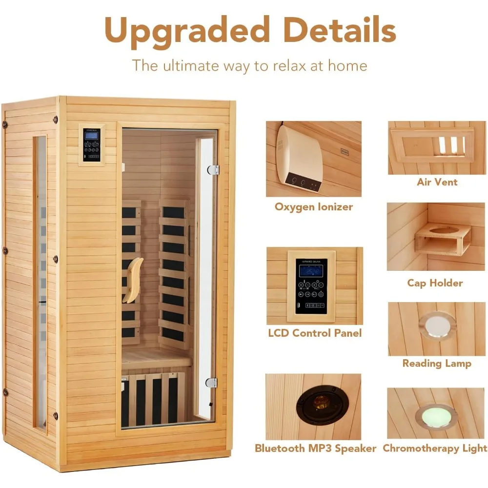 2024 Upgrade 1 to 2 Person Sauna, 6 Heating Plate Infrared Physical Therapy Wooden Dry Steam Sauna, Low EMF, MP3 Auxiliary 5