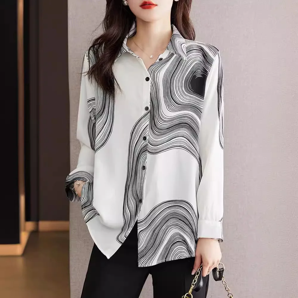Women's Spring 2025 Stylish Printed Chiffon Blouse with Long Sleeves
