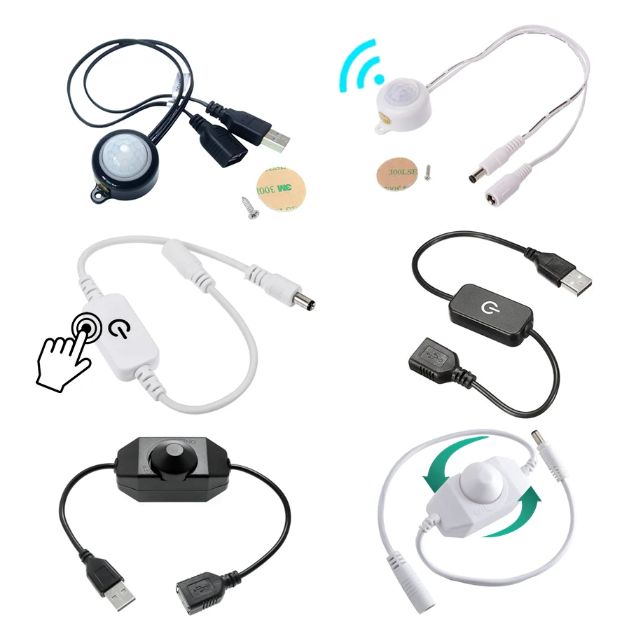 2~1PCS Adjustable PIR Infrared Motion Sensor USB DC Plug Switch 5V 12V 24V Knob Touch Dimming Switch LED Light Strip Night Lamp