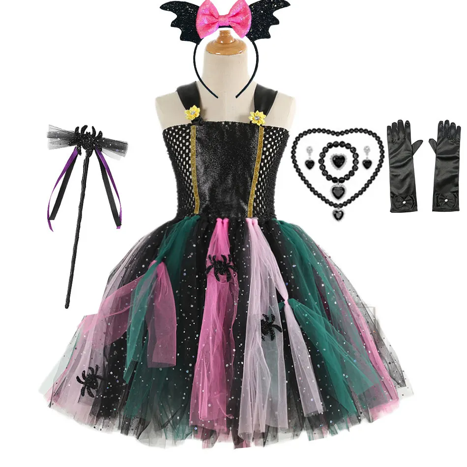

Girls Gorgeous Dress Princess Sleeveless Straps Robe Party Halloween Costume Kid Children Dress Up Spiders Print Cosplay Clothes