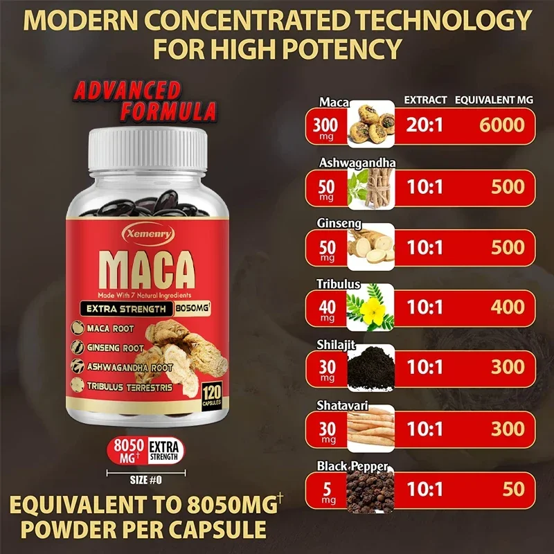 Xemenry Maca Capsules Contain Ashwagandha Root Ginseng Root Tribulus Terrestris and Other Extracts Supplement ginseng supplement muscle supplement