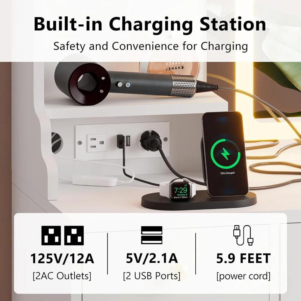 white makeup vanity desk with mirror and lights, large vanity table set with charging station, dressing table with rgb cabinets,