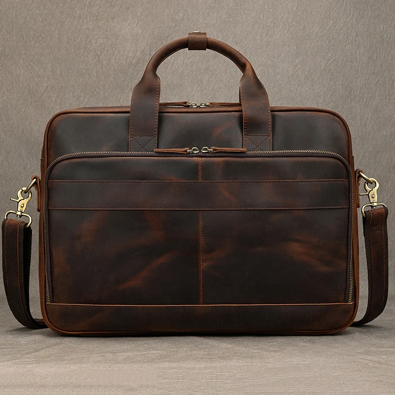 Crazy Horse Genuine Leather Men Briefcase Vintage 16 inch Big Business Laptop Handbag Large Cowhide Messenger Shoulder Bag Man 2