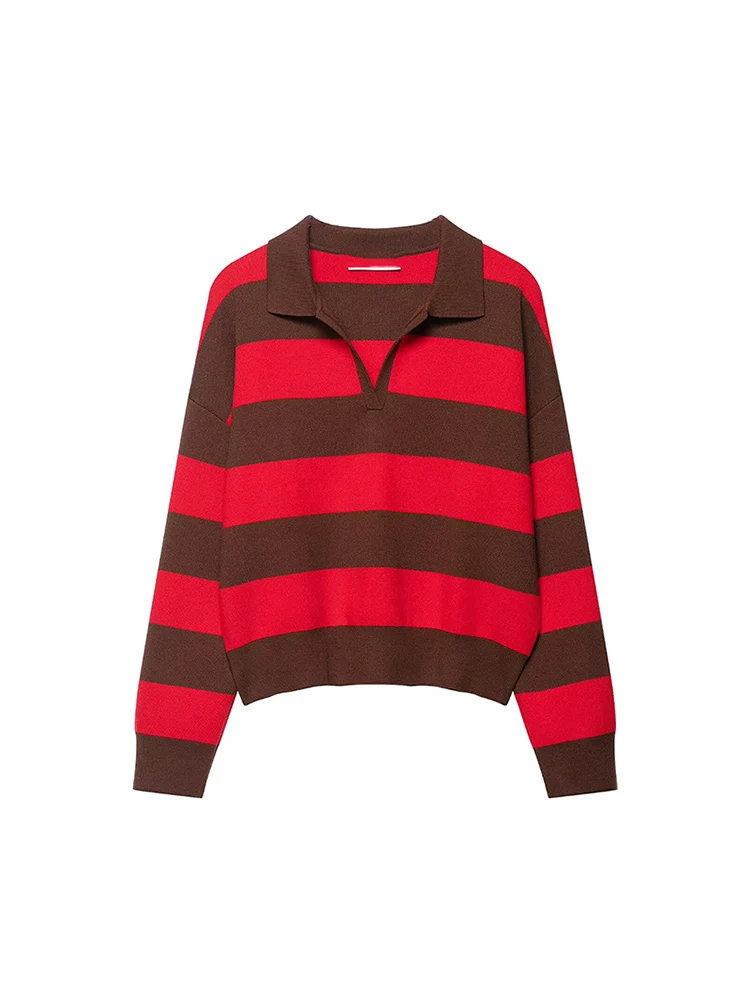 Women Striped Long-sleeved Sweater Fashion Polo Collar Loose Pullover Tops Casual Spring Autumn Ladies Long Sleeve Sweater