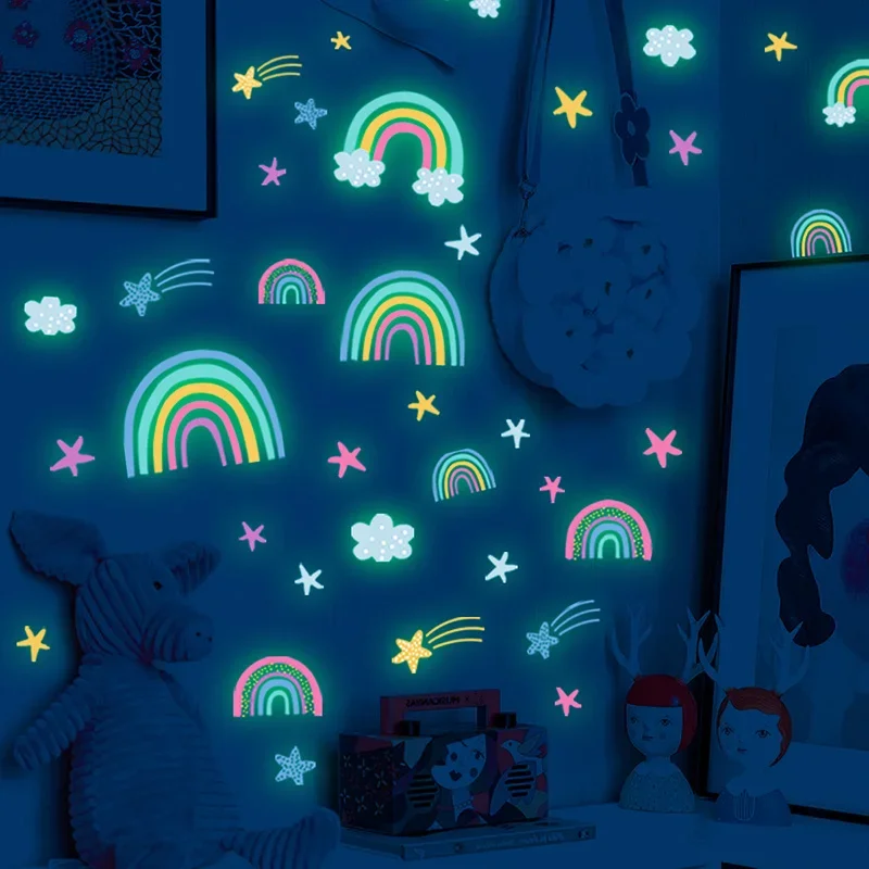 Cartoon Luminous Wall Stickers Glow In The Dark Fluorescent Rainbow Wall Decal For Kid Rooms Bedroom Ceiling Nursery Home Decor