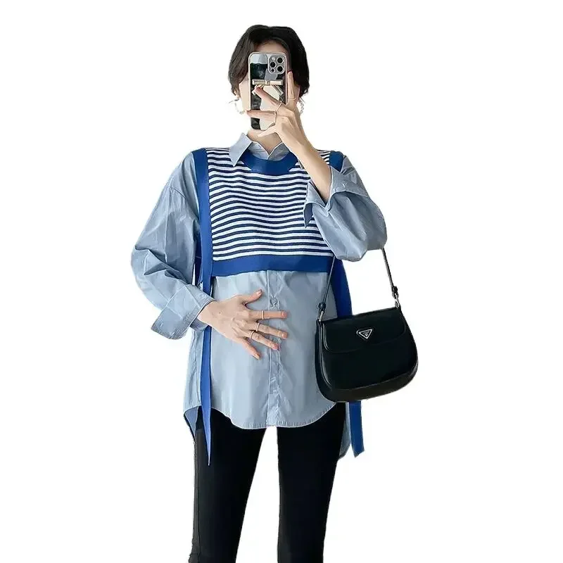 임산부 정장 세트, 긴팔 턴다운 칼라, 불규칙한 셔츠 및 스트라이프 니트 탑, ..