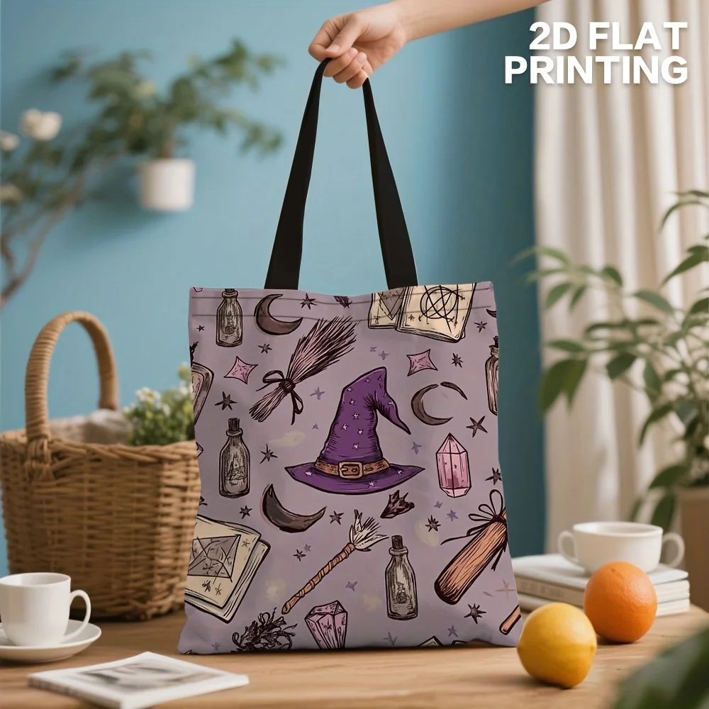 1 Stück Elemente von Halloween Witchcraft Geräumige Tragetasche – Lila Polyester mit Hexenhut, Besenstiel, Kessel und mehr