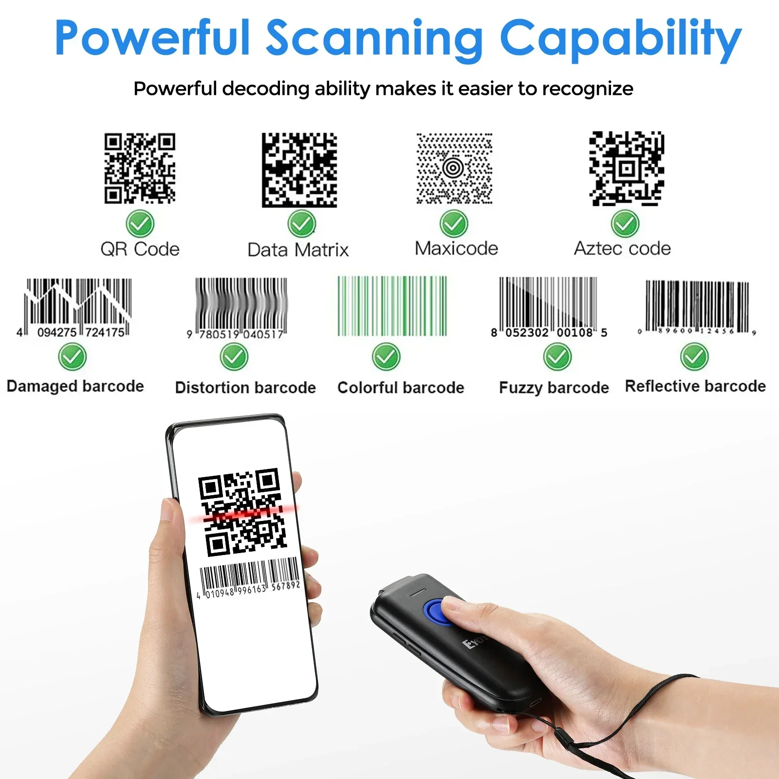 Eyoyo EY-023 QR Code Scanner Bluetooth Portable 2D Bar Code Scanner Compatible USB 2.4GHz Wireless Bluetooth Barcode Reader