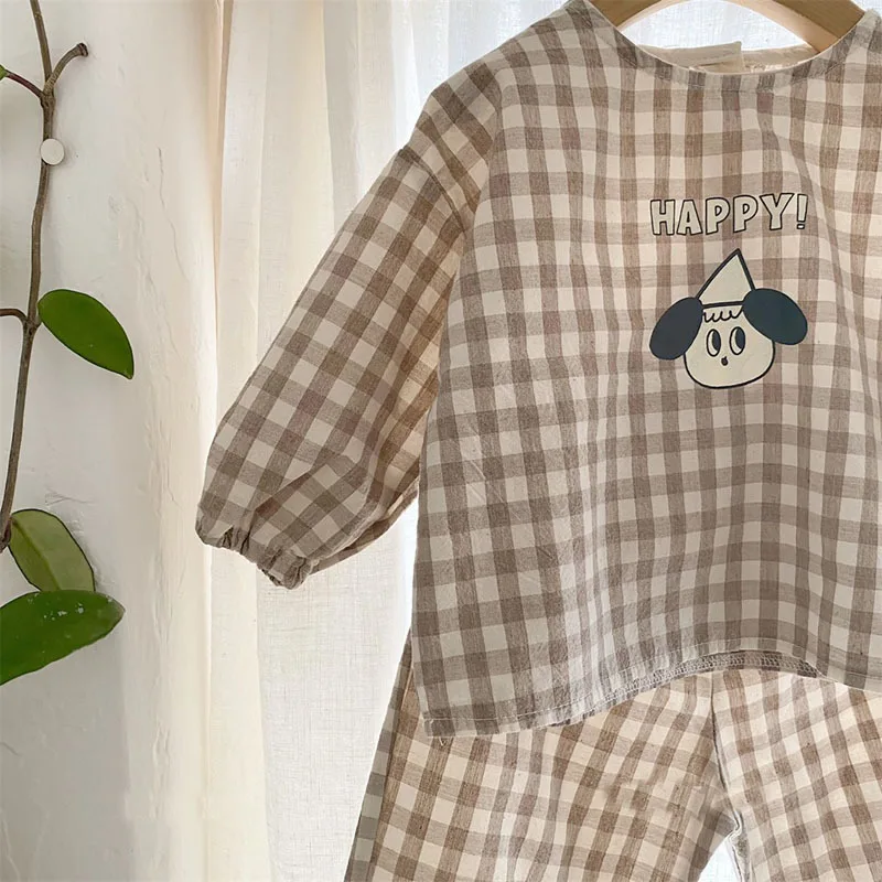 2022 New Baby Cotton Linen Clothes Set Plaid Cartoon Casual Tops + Pants 2pcs Baby Set Cute Boy Girls Comfortable Infant Outfits Baby Clothing Set discount