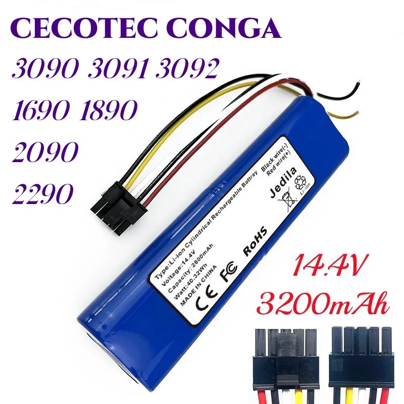 Batteria Di Ricambio 14.4V 3500mAh Per Robot Aspirapolvere Cecotec Conga 3090, 3091, 3092, 1690, 1890, 2090 | Alta Capacità E Lunga Durata