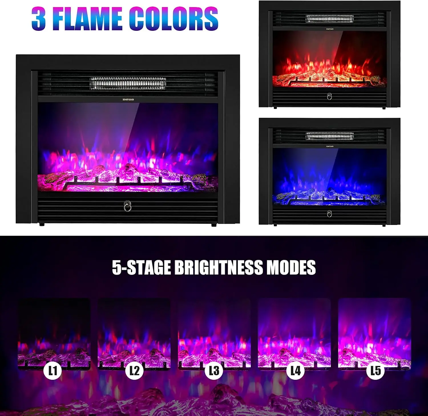 28.5-Inch Electric Fireplace Inserts, 750W/1500W Wall Recessed and Freestanding Fireplace with 3 Flame Colors, 5 Brightness
