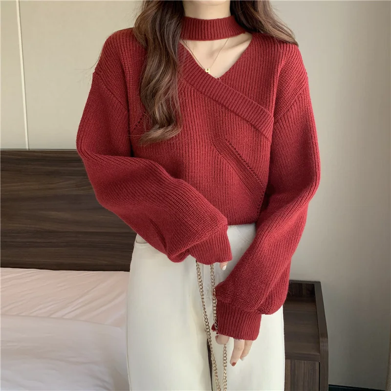 Women Knitted V Neck Sweater