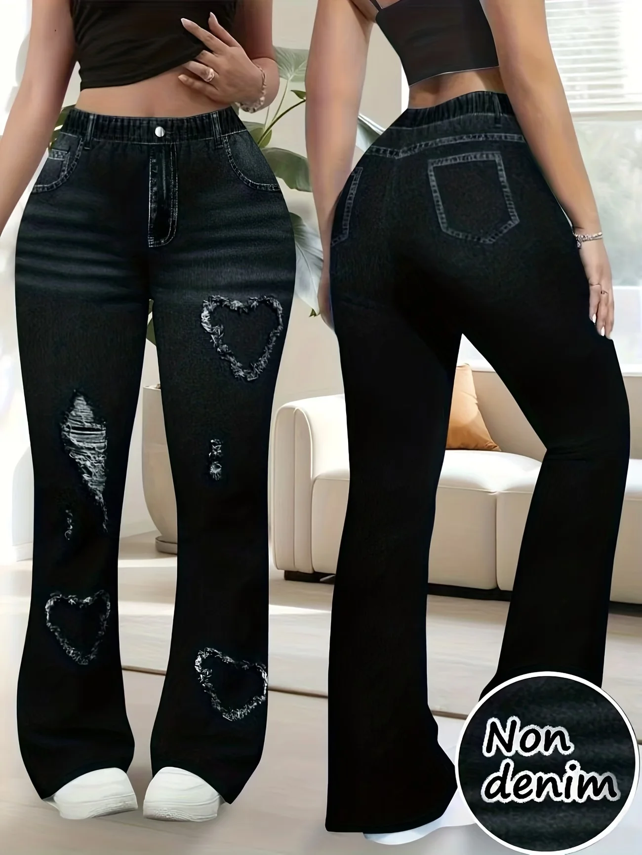 Retro Plus Size Flare Pants, Y2K Heart Print Bell Bottom Leggings, High Waist Stretchy Chic Trousers for Streetwear 1