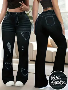 Retro Plus Size Flare Pants, Y2K Heart Print Bell Bottom Leggings, High Waist Stretchy Chic Trousers for Streetwear 1