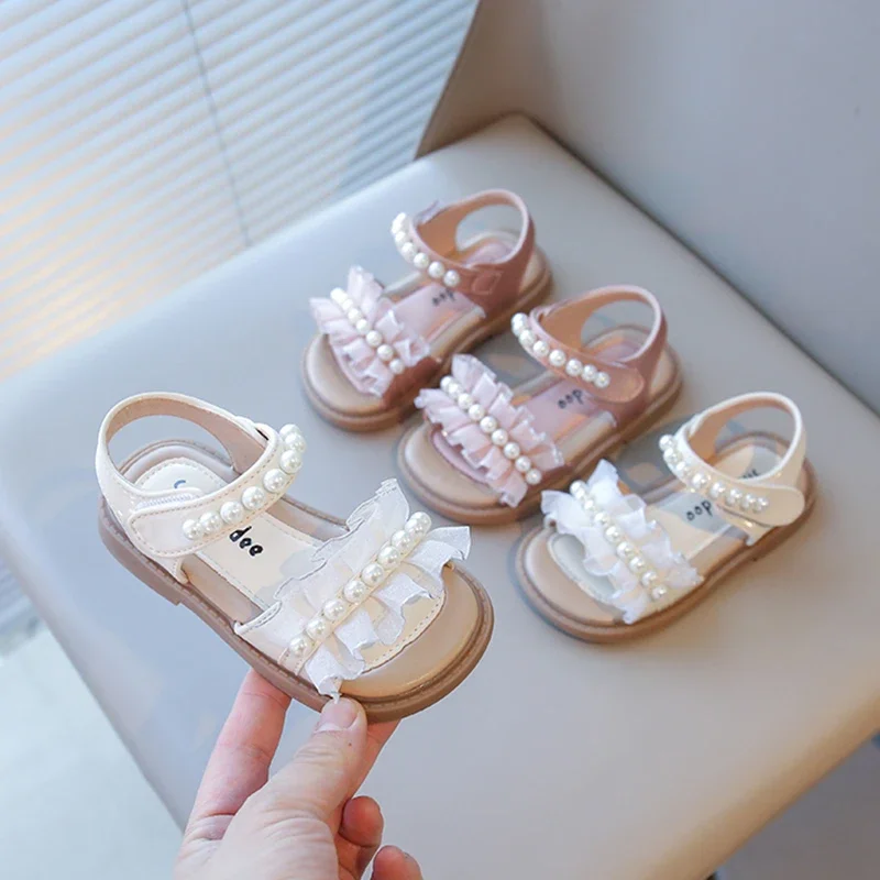 Girls Summer Sandals Kids Beach Shoes with Pearls and Lace
