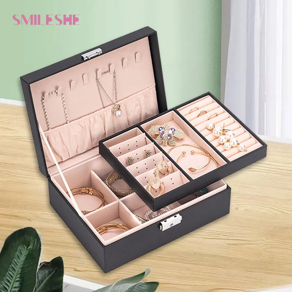 

Smileshe Double Layers Home Jewelry Organizer Storage Box Earrings Rings Necklace Watch Holder Display With Lock Gifts for Women