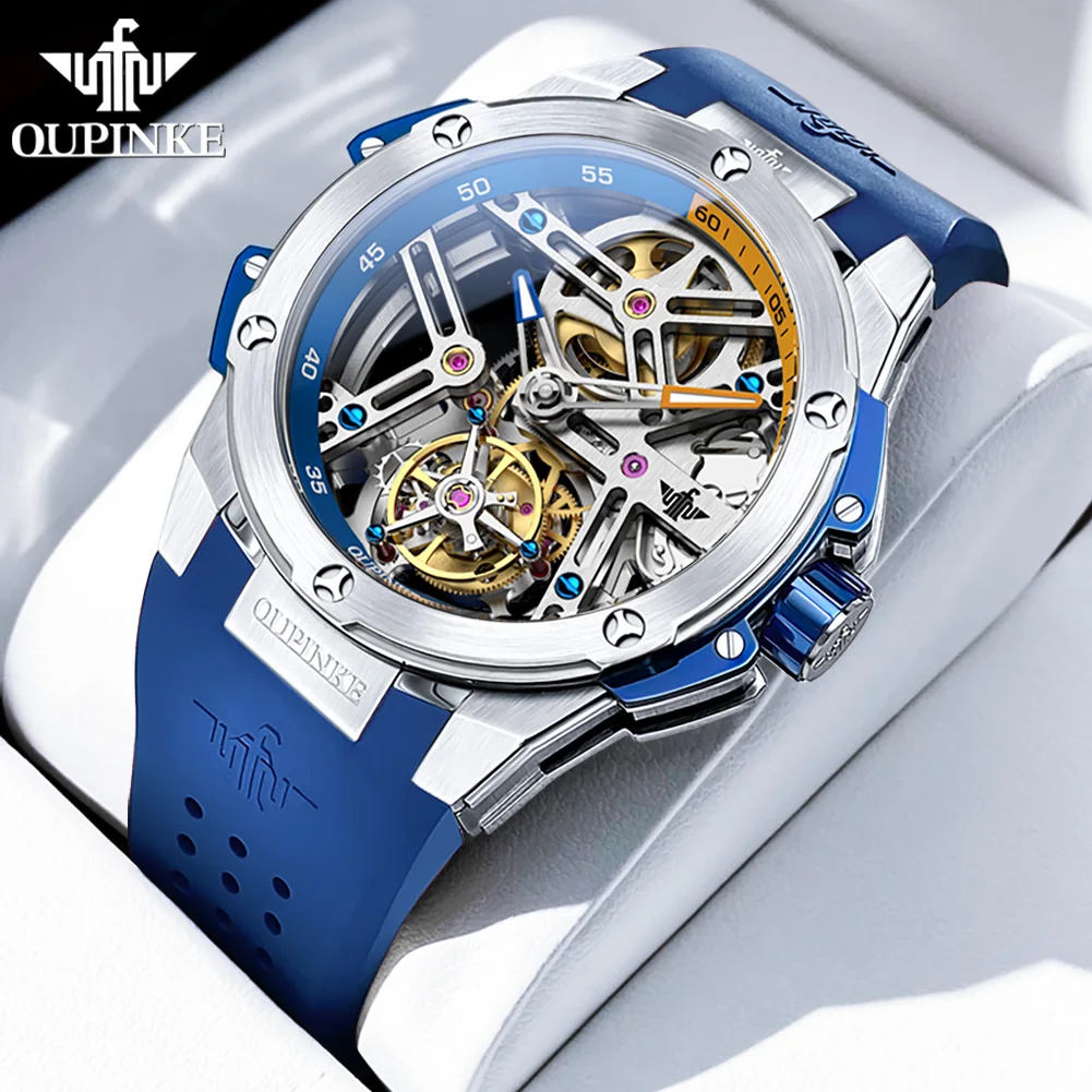 

OUPINKE Top Luxury Tourbillon Men's Watches Automatic Mechanical Watch Hollow Transparent Dial Waterproof Original Wristwatches