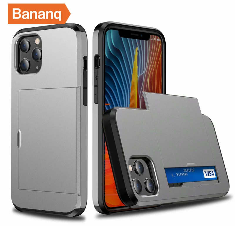 thumbnail image 1 of Bananq - Funda para teléfono con ranura para tarjetas deslizante para iPhone 16, 15, 14 Plus, 13, 12 Mini, 11 Pro Max, a prueba de golpes, tipo billetera y tarjetero, 1 of 5