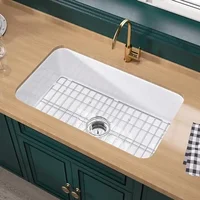 Large White Fireclay Kitchen Sink 32 Inch Drop In Single Bowl Topmount Dual Mount 32"x19"x10" Kit Includes Stainless Steel Grid 1