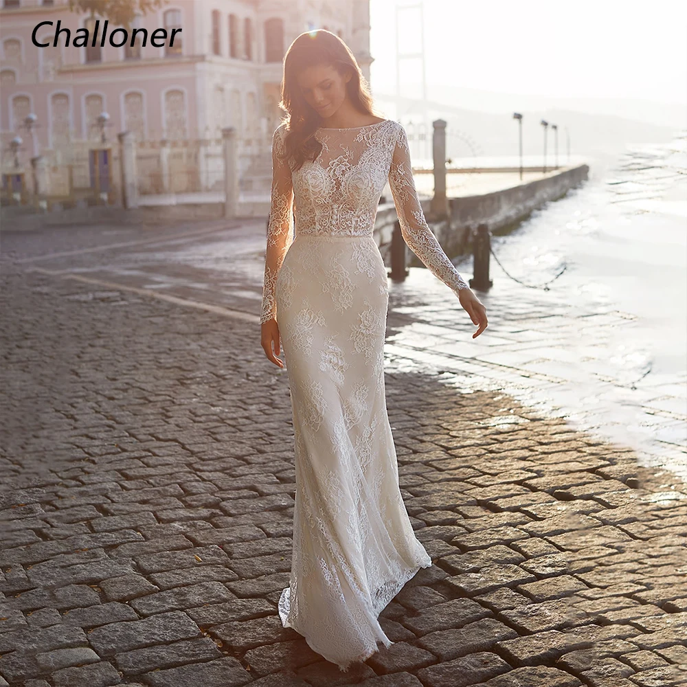 

Challoner Elegant Mermaid Wedding Dress Scoop Neck Lace Applique Long Sleeves Backless Bridal Gown Floor Length vestido de novia