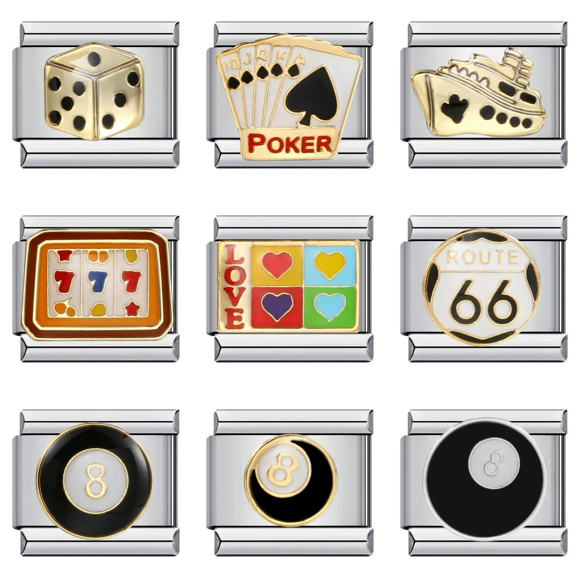 Fashion Colorful Glaze Dollar Dice Poker Snooker Charms Italian Links 9mm Bracelets Bangle Stainless Steel DIY Making Jewelry