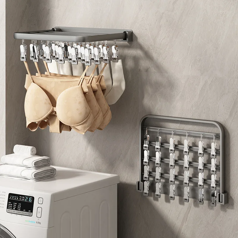 

Folding Clothes Rack No-Punching Household Bathroom Multi-Clip Hook Clothes Rack Balcony Wall Hanging Sock Drying Artifact