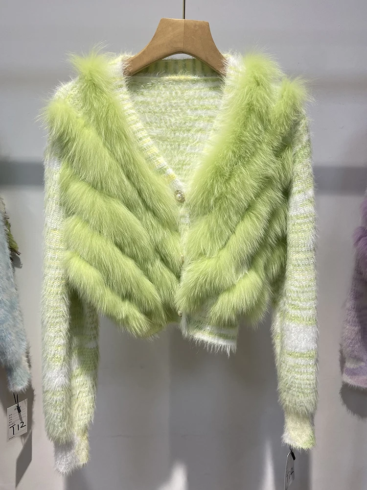 New Arrival Spring Women Blue Green Real Fox Fur Sweater Real