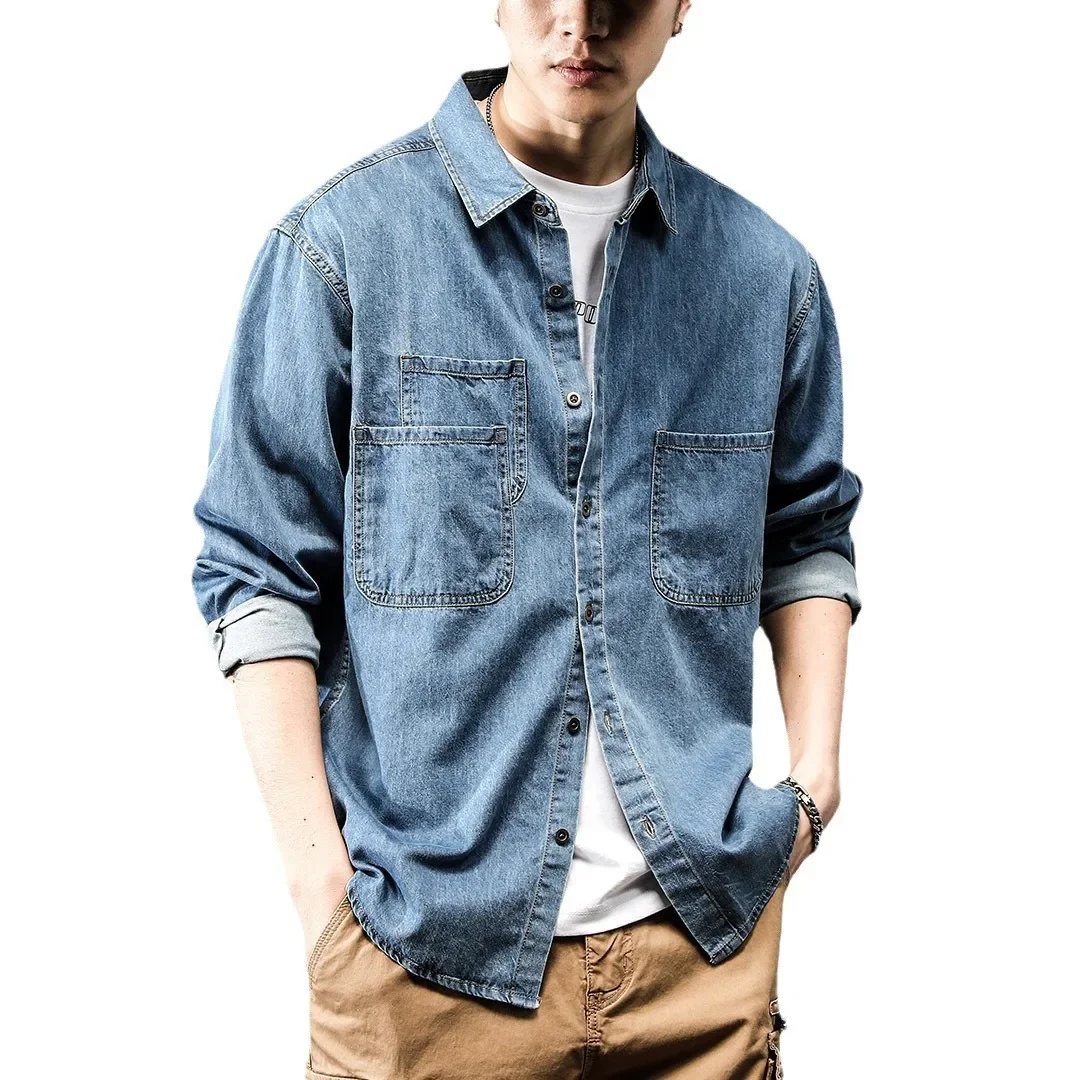 Spring Season Trendy Versatile Casual American Style Vintage Denim Long Sleeve Shirt Men's Wearins Trendy Flowers Printing