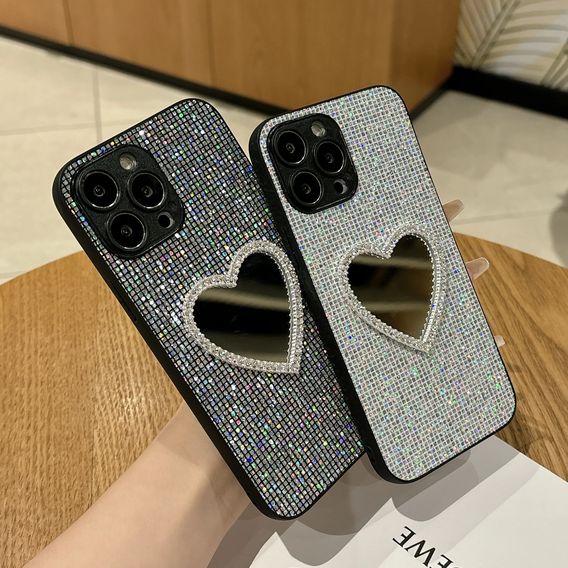 Luxury Mirror Glitter Shiny Grid Leather Phone Case with Soft Back Cover
