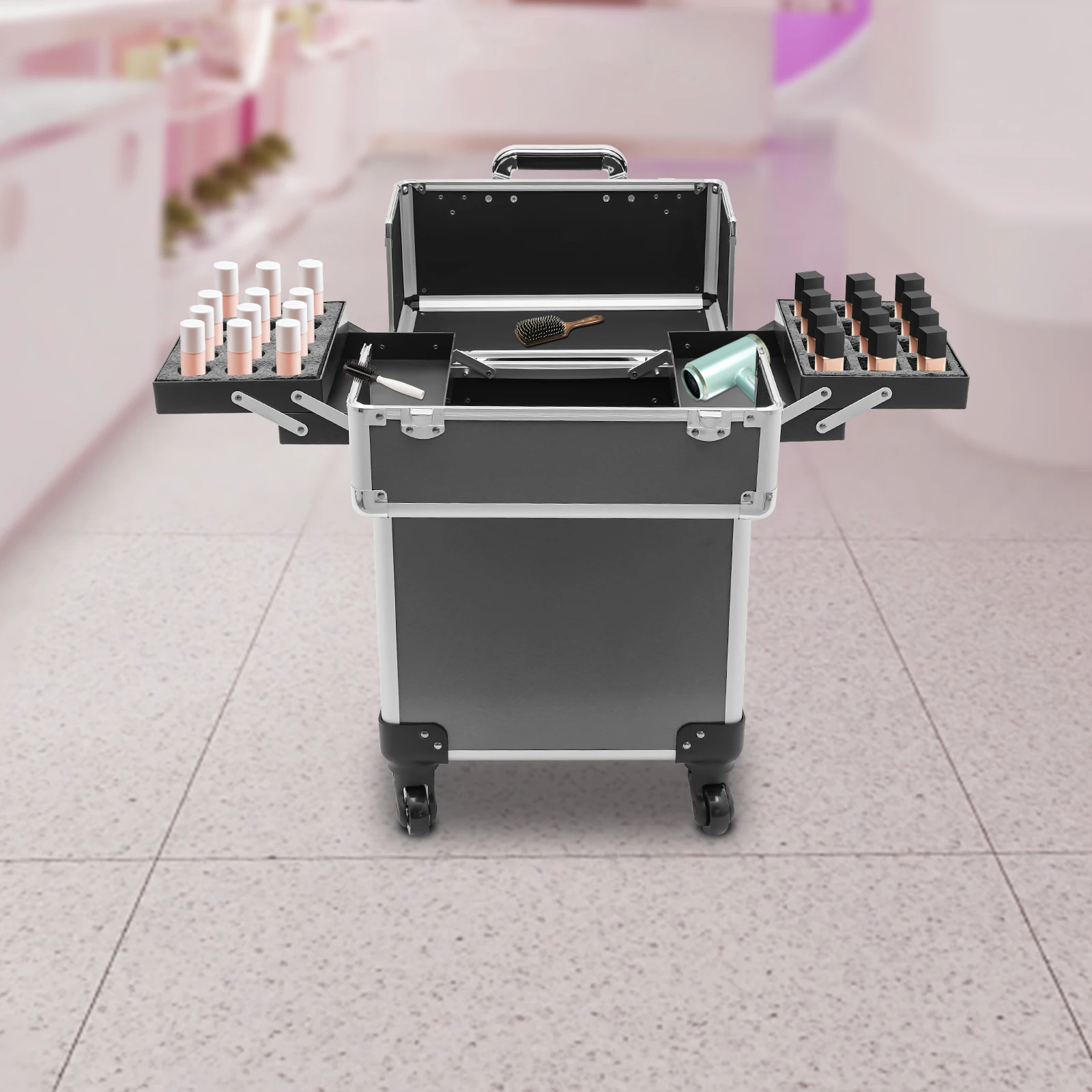 Professional Makeup Case,Aluminum Cosmetic Case Rolling Makeup Trolley Case for Travel Makeup Nail Art Hair Styling 2