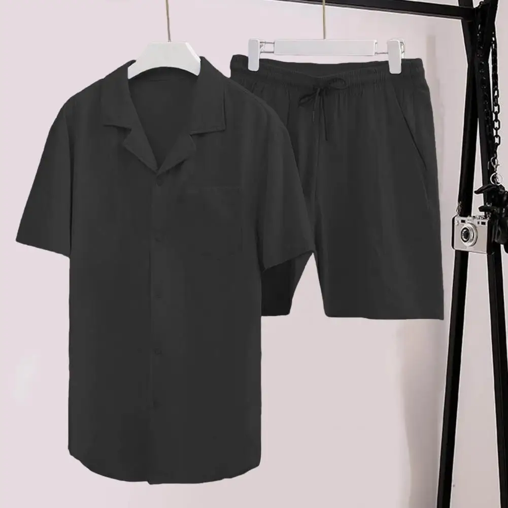 

Men Suit Set Men's Lapel Shirt Drawstring Waist Shorts Set Solid Color Short Sleeve Single Breasted Outfit With Wide Leg Shorts